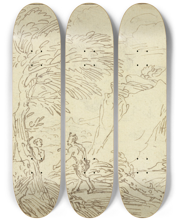 Triptych art skateboard deck of Abraham Genoels Ii Ein Satyr Geht Auf Ein Weib Los Das Hinter Einem Baum Steht by Abraham Genoels Ii (1640-1723)