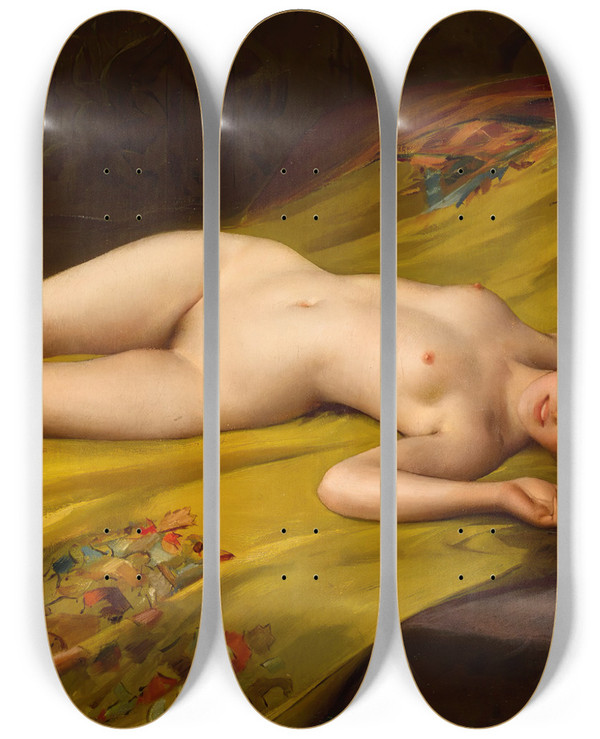 Triptych art skateboard deck of Luis Ricardo Falero Seduction by Luis Ricardo Falero (1851-1896)