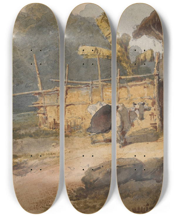 Triptych art skateboard deck of George Chinnery A Hut By A River With A Cow Bengal by George Chinnery (1774-1852)