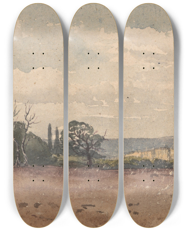 Triptych art skateboard deck of David Charles Read Landscape With A Ploughed Field In The Foreground by David Charles Read (7901)