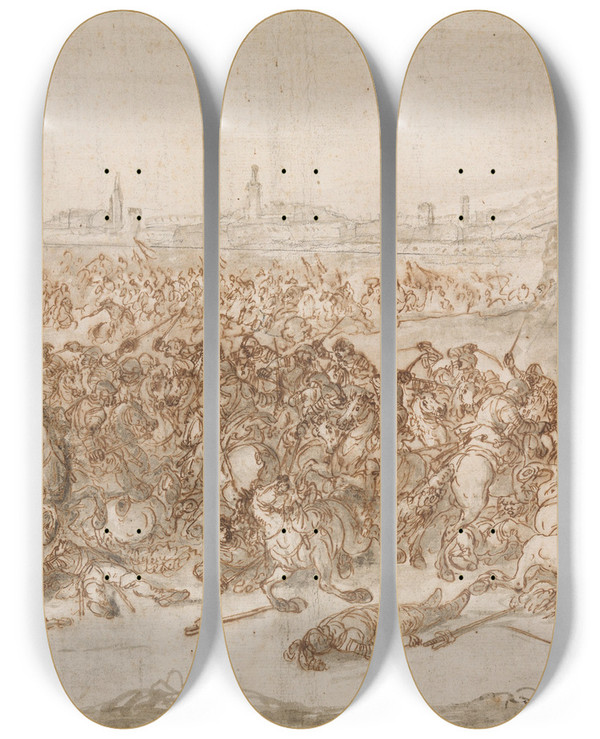 Triptych art skateboard deck of Francesco Antonio Simonini A Cavalry Battle Before A City by Francesco Antonio Simonini (1686-1755)