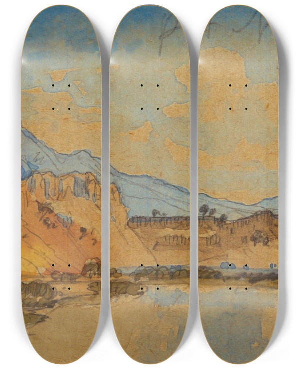 Triptych art skateboard deck of Thomas Moran Port Neuf Canyon Idaho by Thomas Moran (1837-1926)