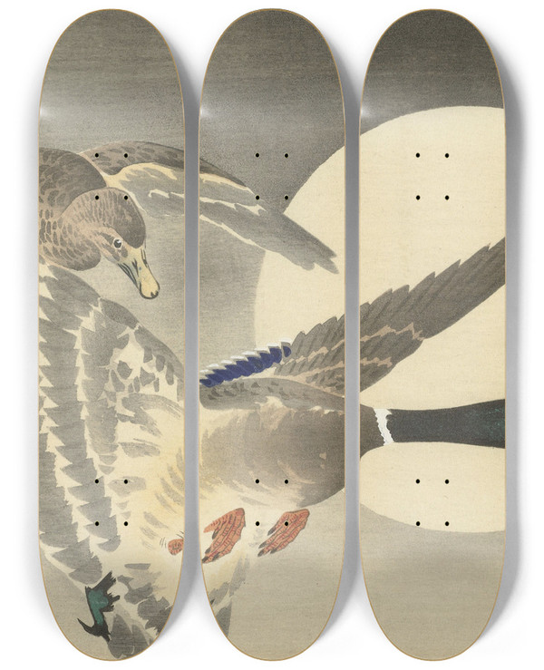 Triptych art skateboard deck of Ohara Koson Two Ducks At Full Moon by Ohara Koson (1877-1945)