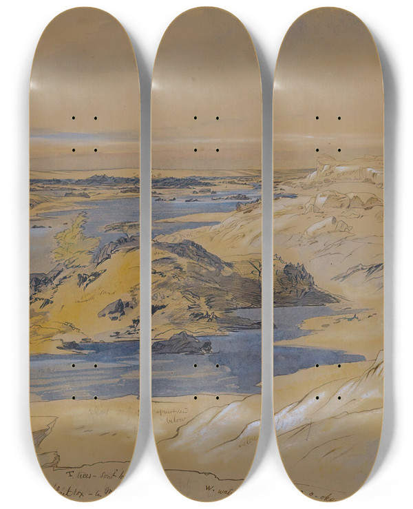 Triptych art skateboard deck of Edward Lear The River Nile At Abou Seir The Second Cataract Egypt by Edward Lear (1812-1888)