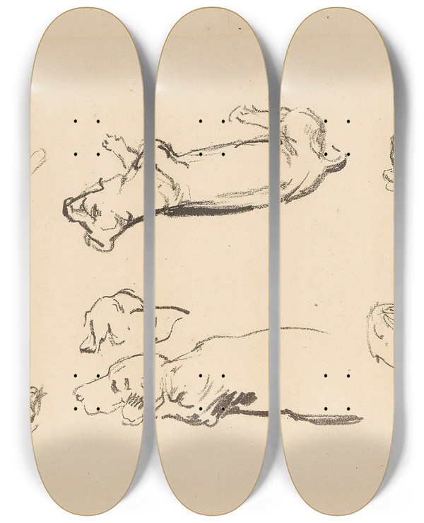 Triptych art skateboard deck of Max Liebermann Teckelstudien by Max Liebermann (1847-1935)