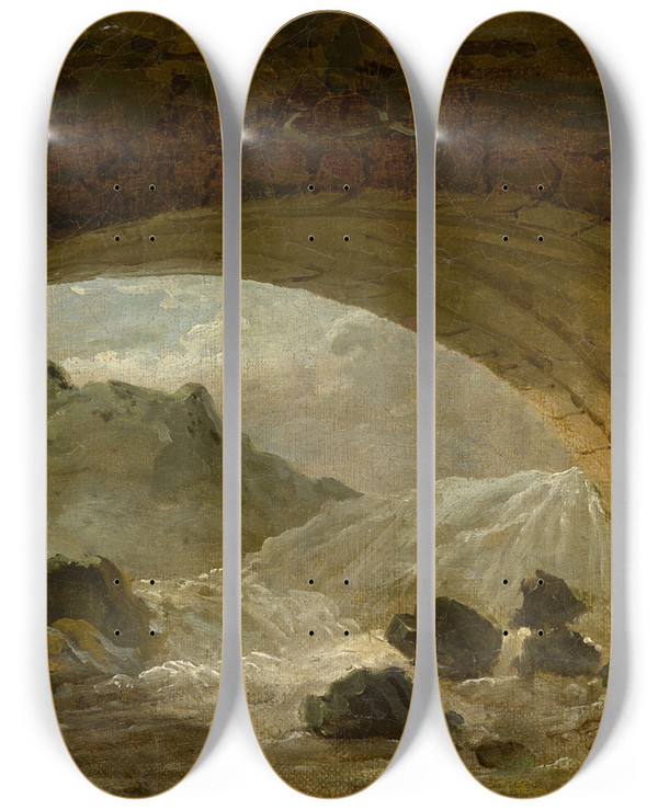 Triptych art skateboard deck of Hubert Robert Fishermen Under A Bridge by Hubert Robert (1733-1808)