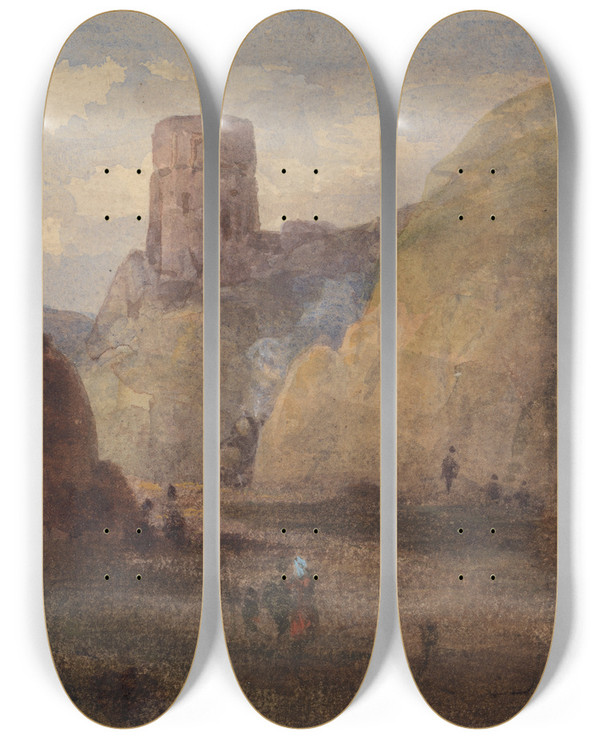 Triptych art skateboard deck of Thomas Miles Richardson Rocky Landscape With Fort by Thomas Miles Richardson (1784-1848)
