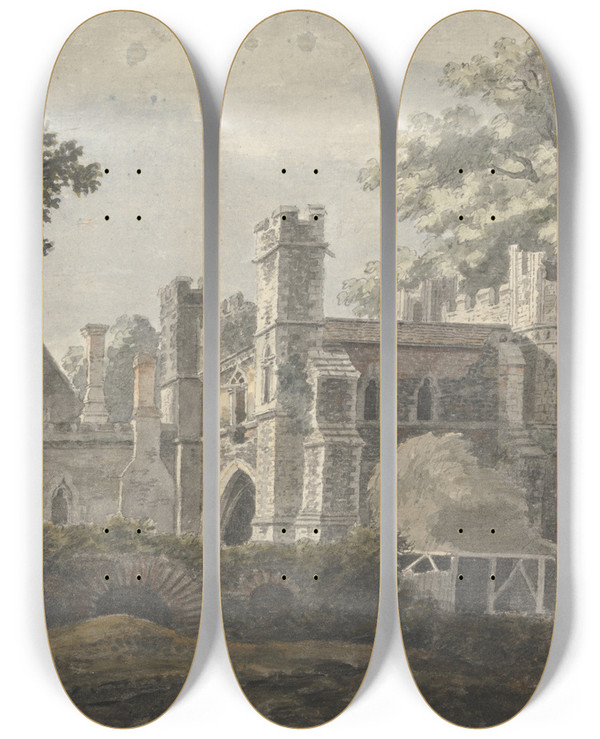 Triptych art skateboard deck of Jonathan Skelton The Great Gate Of St Augustines Monastery Canterbury by Jonathan Skelton (1735-1759)