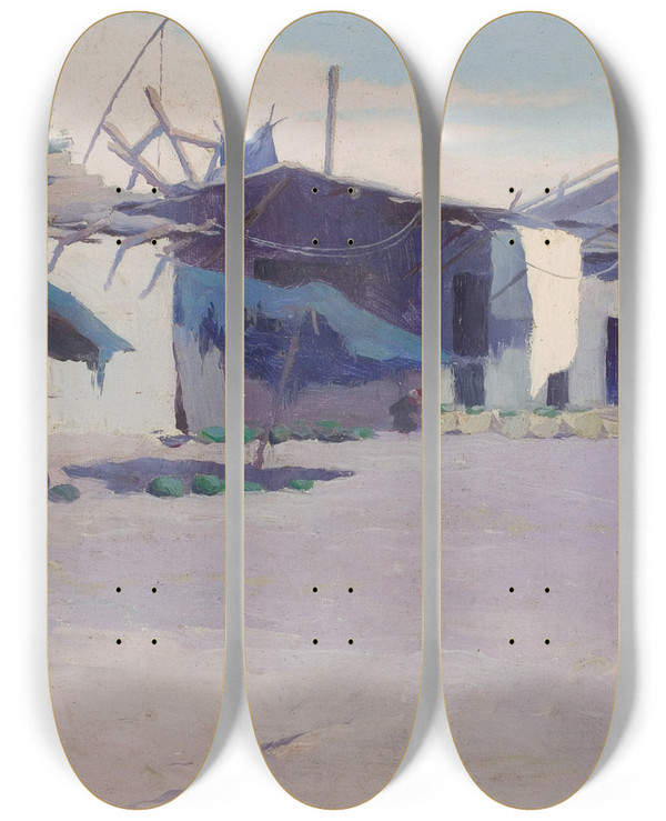 Triptych art skateboard deck of Eric Pape Village Hutts Alexandria Egypt by Eric Pape (1870-1938)
