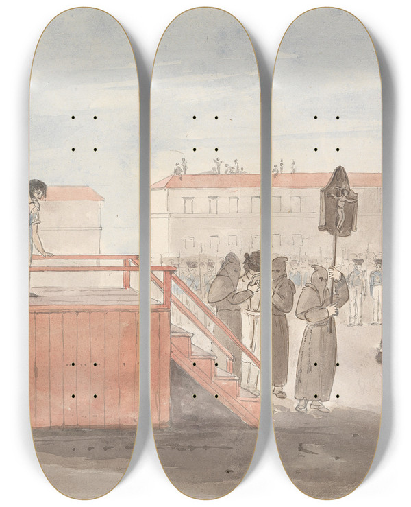 Triptych art skateboard deck of Isaac Weld An Execution Rome by Isaac Weld (1774-1856)