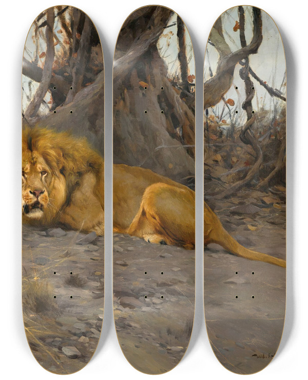 Triptych art skateboard deck of Wilhelm Kuhnert Grollende Lwen by Wilhelm Kuhnert (1865-1926)