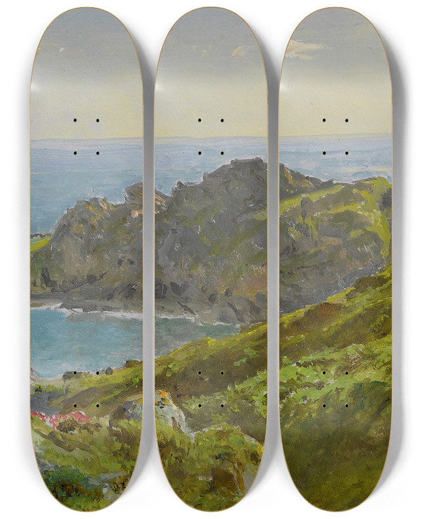 Triptych art skateboard deck of William Trost Richards Coastline With Grassy Slope by William Trost Richards (1833-1905)