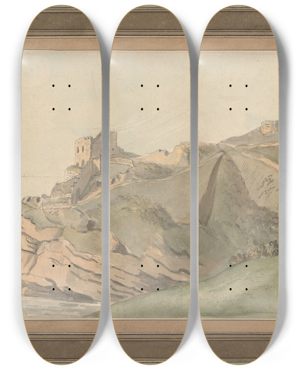 Triptych art skateboard deck of Capt Francis Grose St Catherines Castle At Fowey Cornwall by Capt Francis Grose (1731-1791)