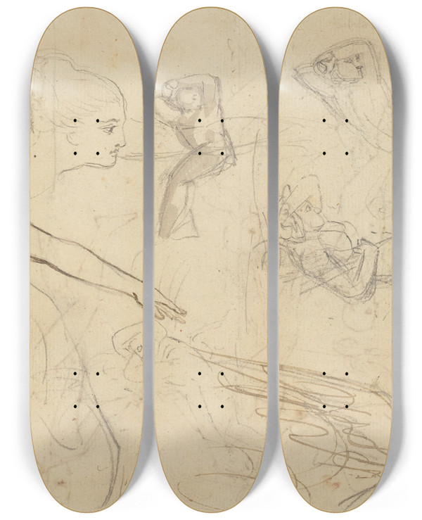 Triptych art skateboard deck of Thomas Stothard Sheet Of Studies With Angels And Cowering Figures Illustration For Macklins Bible by Thomas Stothard (1755-1834)