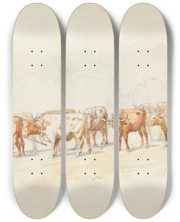 Triptych art skateboard deck of Ferdinand Keller Planwagen Mit Tiergespann by Ferdinand Keller (1842-1922)