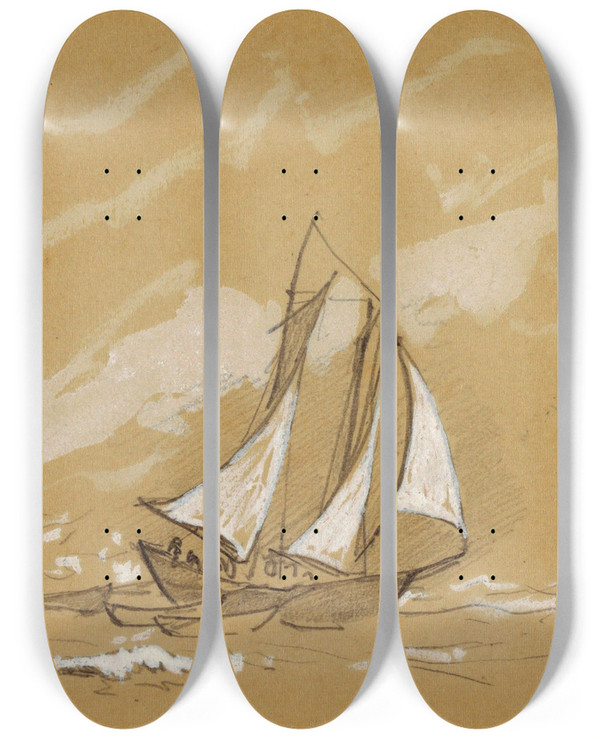 Triptych art skateboard deck of Winslow Homer Schooner With Three Dories by Winslow Homer (1836-1910)