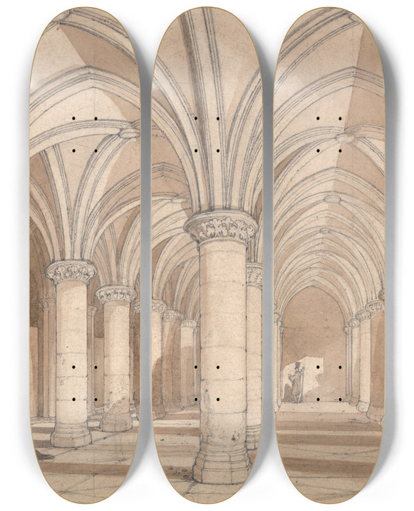 Triptych art skateboard deck of John Sell Cotman The Barons Hall Mont Saint Michel by John Sell Cotman (1782-1842)