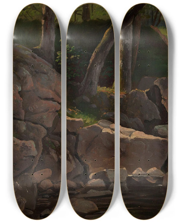 Triptych art skateboard deck of Knud Baade Study Of Rocks by Knud Baade (1808-1879)