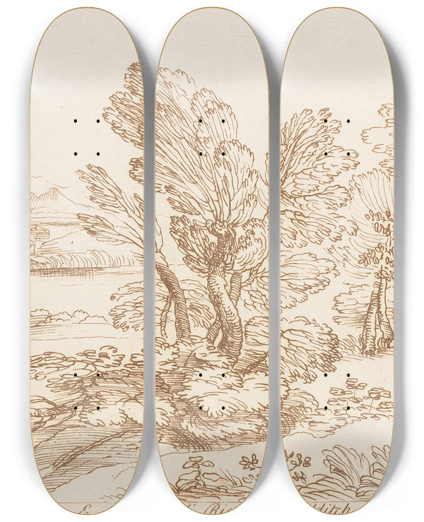 Triptych art skateboard deck of George Knapton Pastoral Scene 3 by George Knapton (1698-1778)