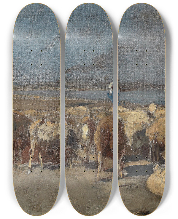 Triptych art skateboard deck of Eugen Jettel Schafherde Am Abend by Eugen Jettel (1845-1901)