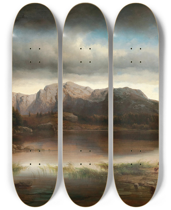 Triptych art skateboard deck of Carl Millner An Evening Landscape With A Mountain Lake by Carl Millner (1825-1895)