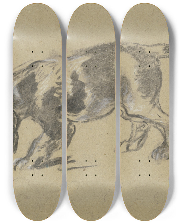 Triptych art skateboard deck of Anton Burger Studienblatt Junge Jagdhunde by Anton Burger (1824-1905)