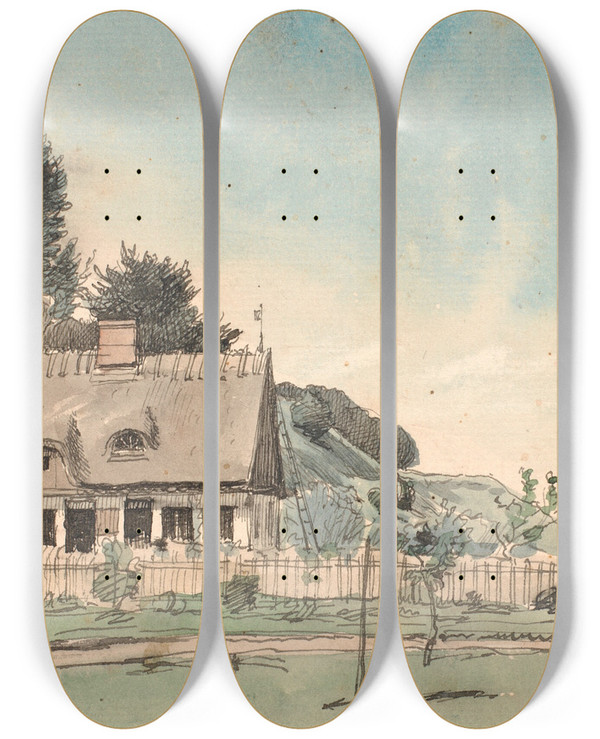 Triptych art skateboard deck of P C Skovgaard Kystlandskab Med Strtkte Huse by P C Skovgaard (1817-1875)