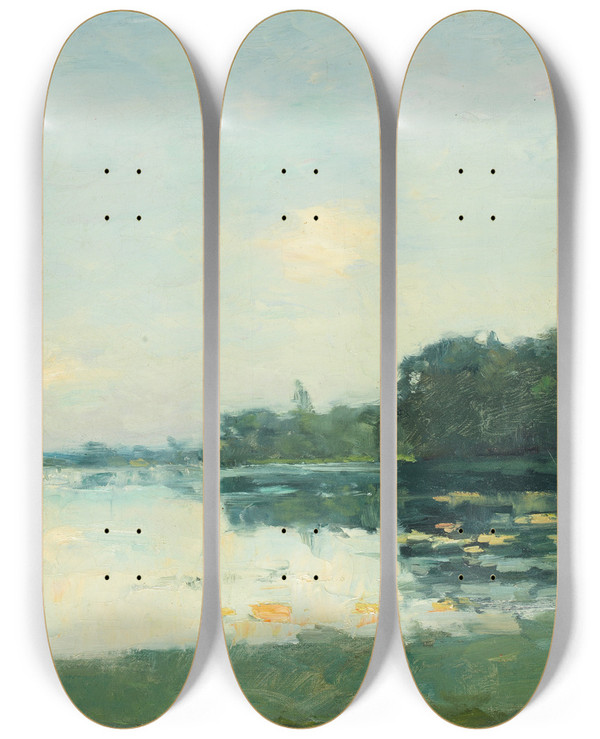 Triptych art skateboard deck of Albert Lebourg Les Tangs Mortefontaine En Automne by Albert Lebourg (1849-1928)