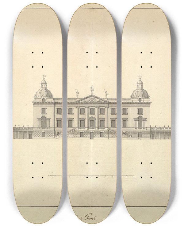 Triptych art skateboard deck of Isaac Ware The West Front Of Houghton Hall Norfolk Elevation by Isaac Ware (1704-1766)