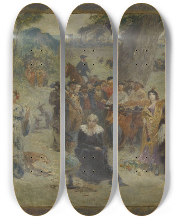 Triptych art skateboard deck of Fernand Cormon Les Cinq Continents by Fernand Cormon (1845-1924)