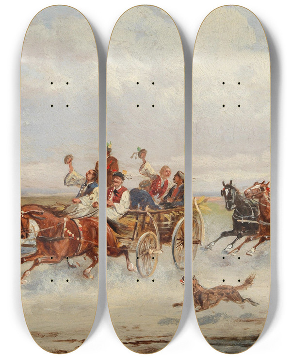 Triptych art skateboard deck of Alfred Steinacker Wilde Fahrt by Alfred Steinacker (1838-1914)