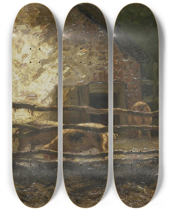Triptych art skateboard deck of Louis Apol Pigs In A Sty by Louis Apol (1850-1936)