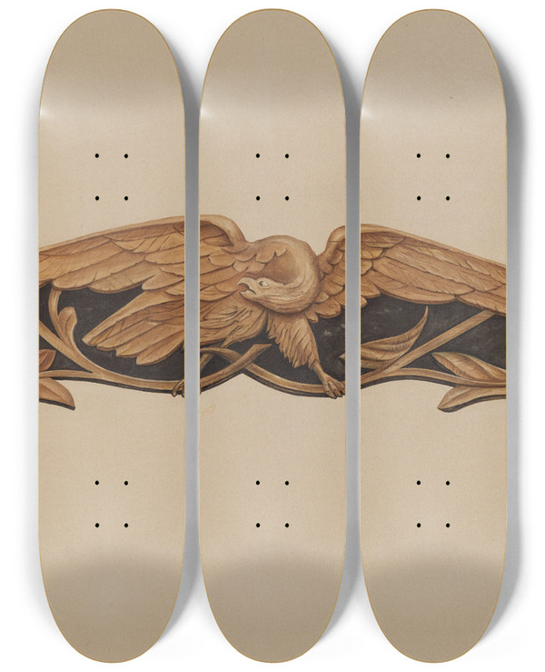 Triptych art skateboard deck of Flora Merchant Stern Carving Spread Eagle by Flora Merchant