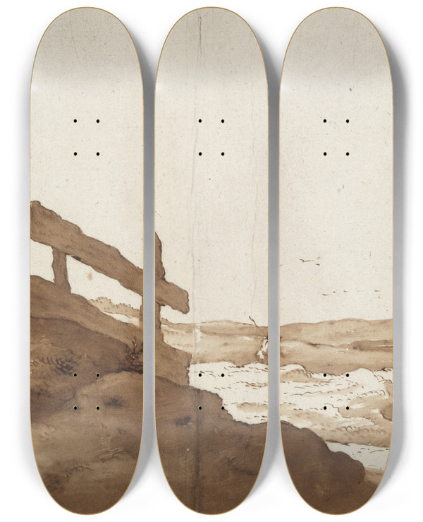 Triptych art skateboard deck of Jan De Bisschop Hilly Landscape Withfigures by Jan de Bisschop (1628-1671)