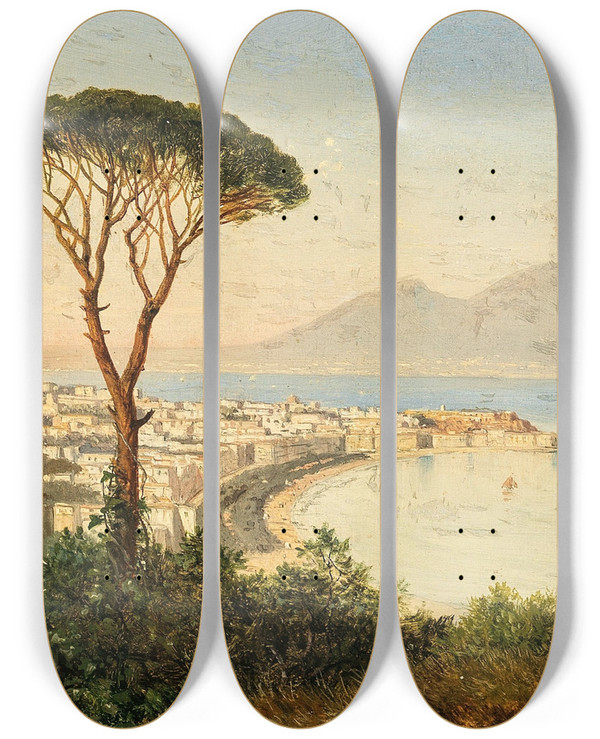 Triptych art skateboard deck of Albert Zimmermann Blick Auf Die Bucht Von Neapel by Albert Zimmermann (1808-1888)