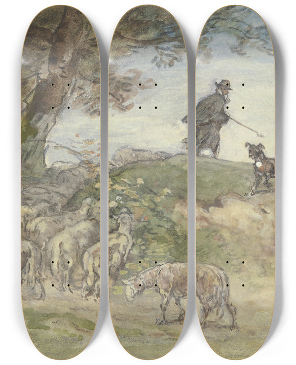 Triptych art skateboard deck of Anton Burger Schafherde Im Sturm Unter Einem Baum by Anton Burger (1824-1905)