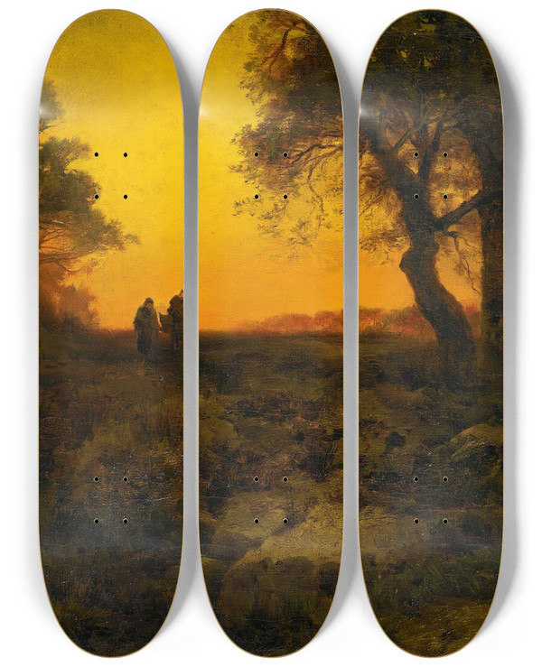 Triptych art skateboard deck of Thomas Moran Twilight Landscape Flight Into Egypt by Thomas Moran (1837-1926)