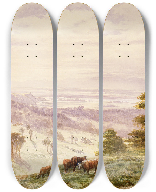 Triptych art skateboard deck of John Gully Landscape Waimea Plains Nelson by John Gully (1819-1888)