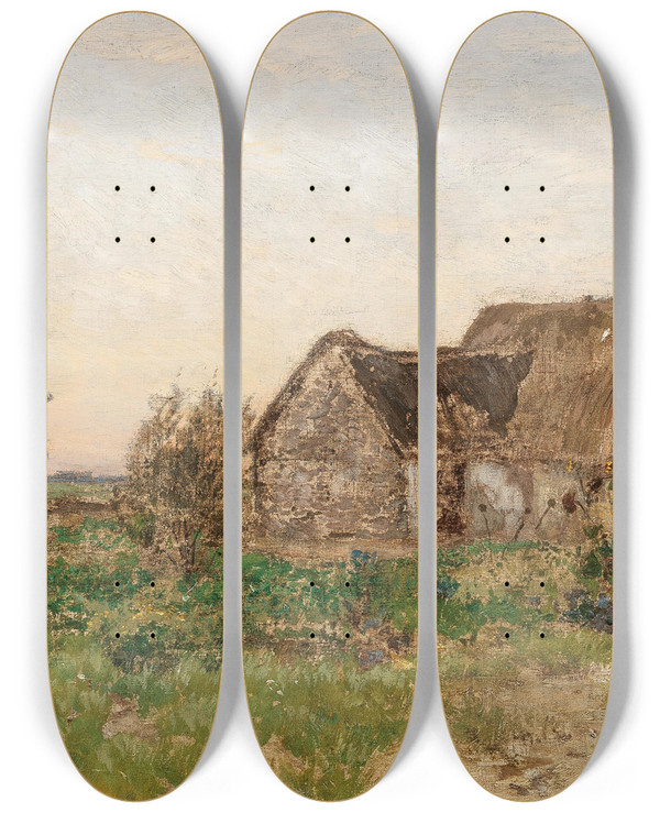 Triptych art skateboard deck of Eugen Jettel Bauernhuser Mit Windmhle by Eugen Jettel (1845-1901)