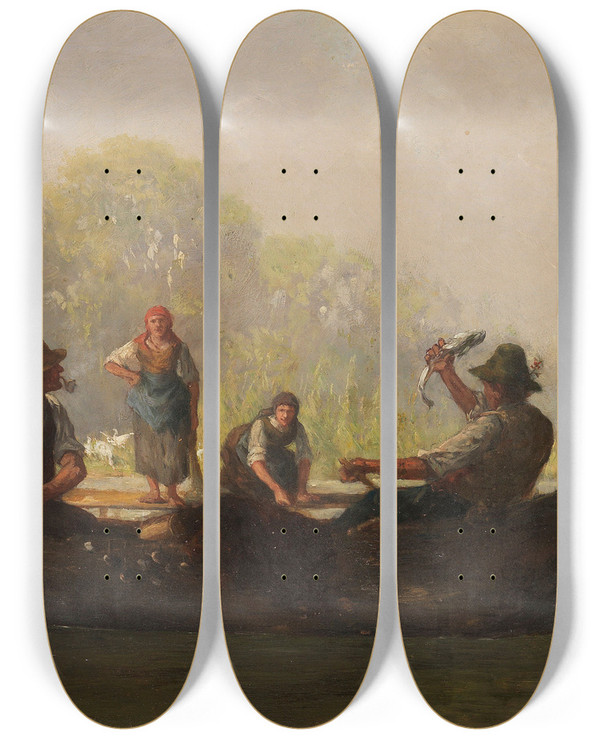 Triptych art skateboard deck of Richard Voltz Fischer Am Seeufer by Richard Voltz (1859-1933)