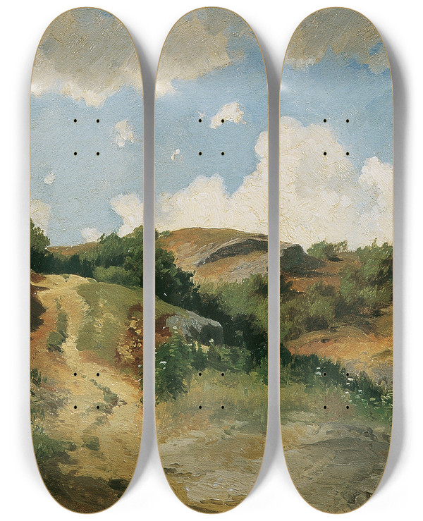 Triptych art skateboard deck of August Schaeffer Von Wienwald Ungarische Landschaft by August Schaeffer Von Wienwald (1833-1916)
