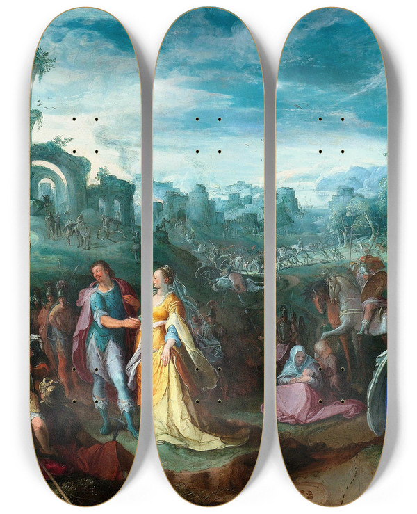 Triptych art skateboard deck of Karel Van Mander The Continence Of Scipio by Karel Van Mander (1548-1606)