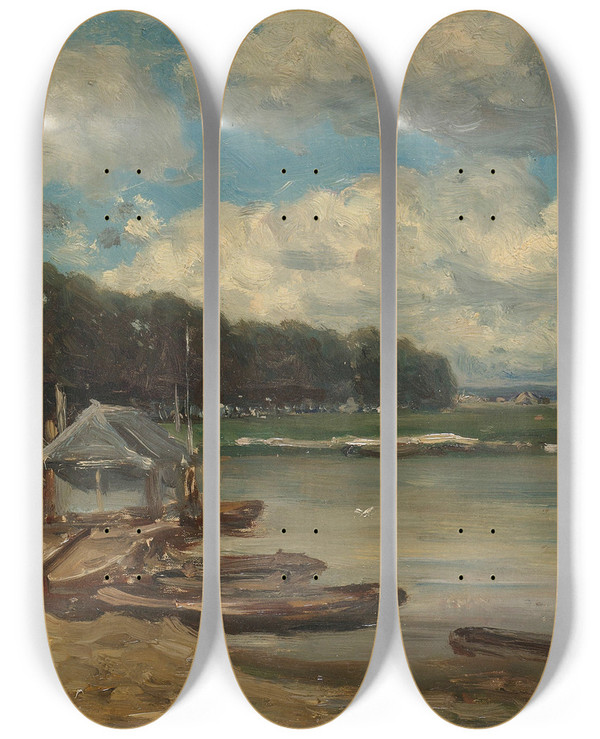 Triptych art skateboard deck of Willem Roelofs De Brug Over De Ijssel Bij Doesburg by Willem Roelofs (1822-1897)