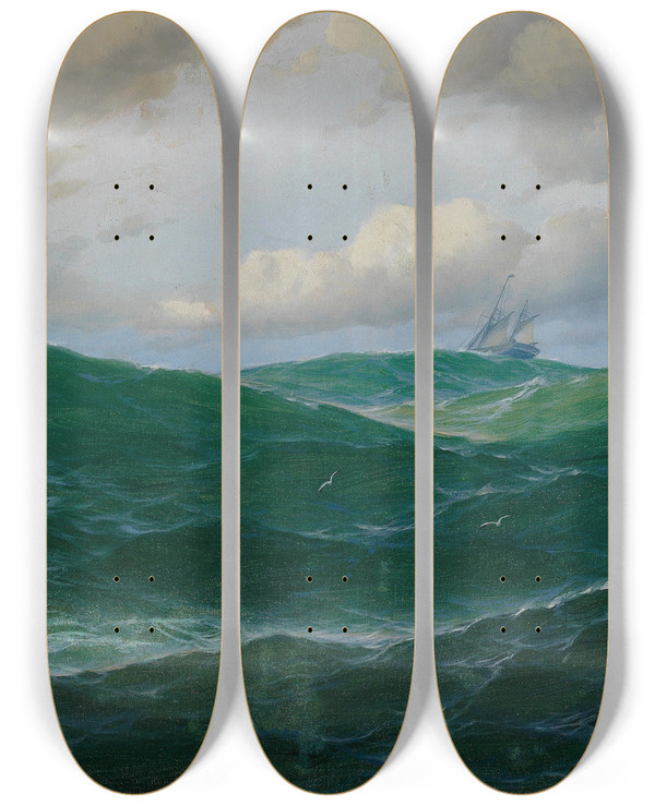 Triptych art skateboard deck of Max Jensen Ship On Rough Seas by Max Jensen (1860-1907)