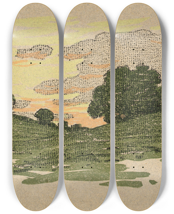 Triptych art skateboard deck of Arthur Wesley Dow Ipswich Prints Willow Tree And Sunset Clouds by Arthur Wesley Dow (1857-1922)