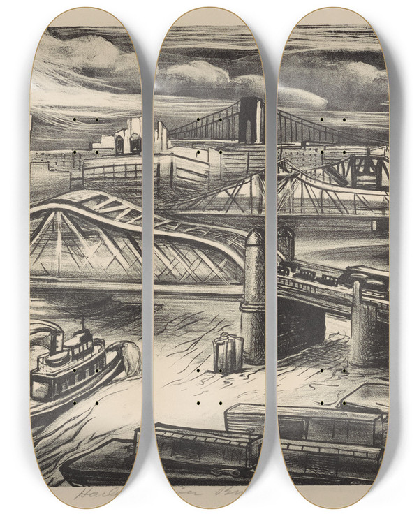 Triptych art skateboard deck of Elizabeth Olds Harlem River Bridges by Elizabeth Olds (1896-1991)