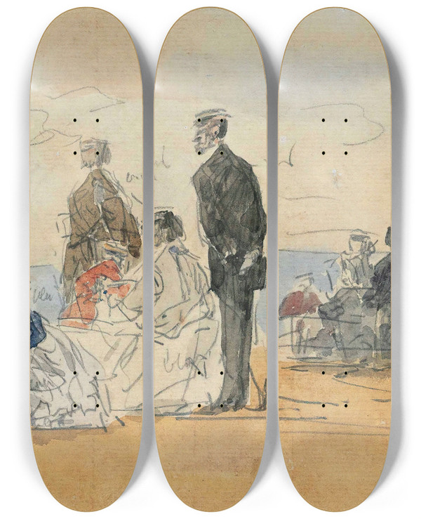 Triptych art skateboard deck of Eugne Boudin Scne De Plage_2 by Eugene Boudin (1824-1898)