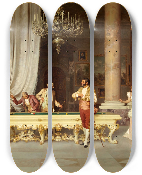 Triptych art skateboard deck of Francesco Beda A Game Of Billiards_2 by Francesco Beda (1840-1900)