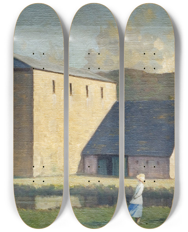 Triptych art skateboard deck of Sir Charles John Holmes A Warehouse by Sir Charles John Holmes (1868-1936)