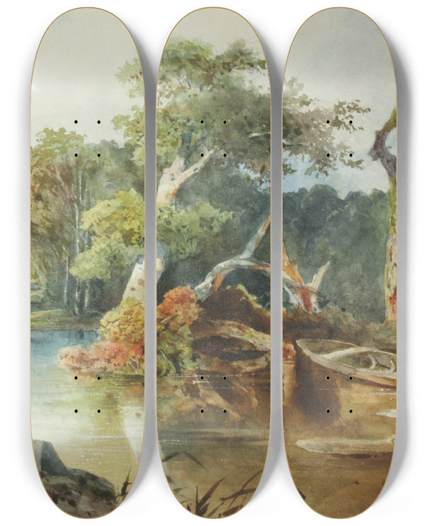 Triptych art skateboard deck of Anton Altmann Flusslandschaft by Anton Altmann (1808-1871)